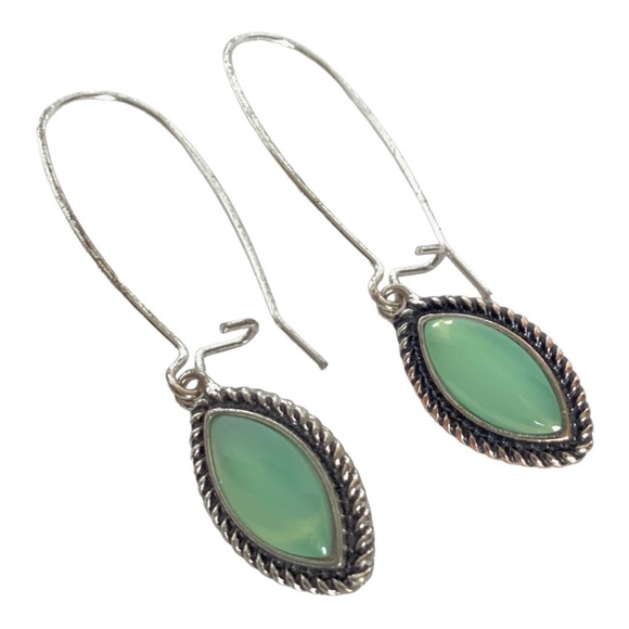 Scroll Silver Tone Green Cab Kidney Wire Earrings Sterling Silver Post - Picture 5 of 11